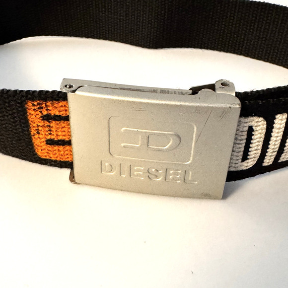 Vintage Y2K Diesel Black Canvas Logo Print Adjustable Logo Buckle Belt Up To 46” - Picture 9 of 10